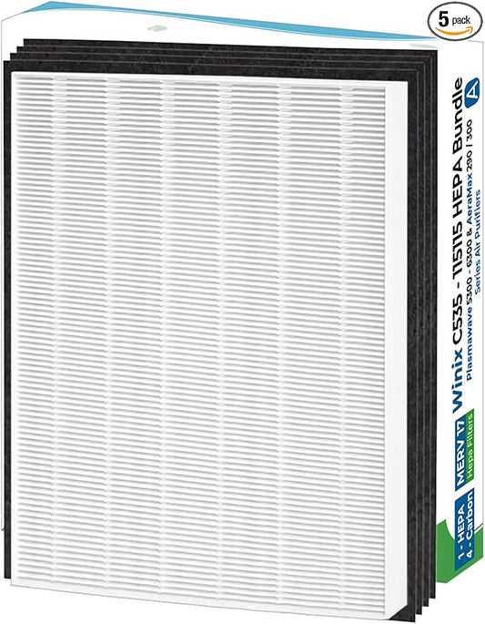 Breathe Naturally Replacement Filters Compatible with Winix C535, Plasmawave 5300, 6300 and Aeramax 300/290 Air Purifiers - HEPA Filters - Carbon Activated Filter (1 HEPA Filter + 4 Carbon Prefilters)