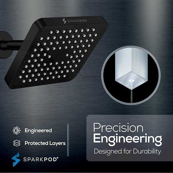 SparkPod Shower Head - High Pressure Rain - Premium Quality Luxury Design - 1-Min Install - Easy Clean Adjustable Replacement for Your Bathroom Shower Heads (Midnight Black Matte, 6 Inch Square)