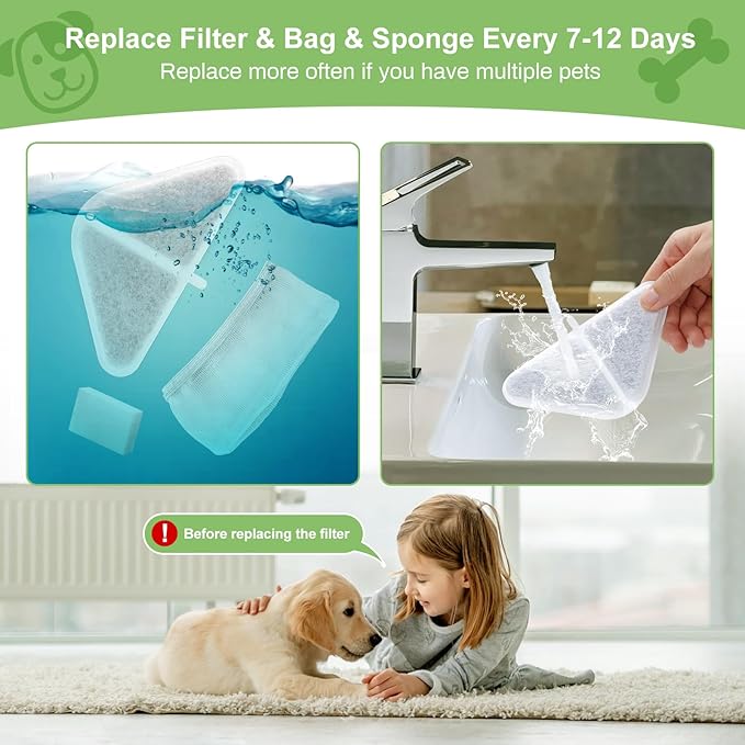 12 Sets of Replacement Filters for 230oz/7L Dog Water Fountain, GISOFIK Cat Water Fountain Filter, 5 Layers Filtration System Pet Fountain Filters Replacement (12 Filters+12 Mesh Bag+14 Sponge)