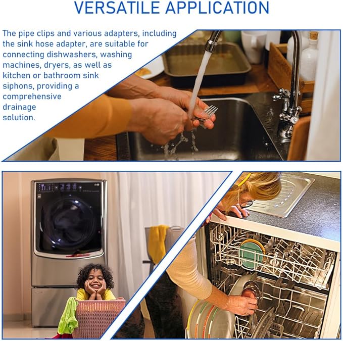 1-1/2 Inch Dishwasher Drain Hose Adapter Y Piece with Clips Kit, Pipe Connector Kit, Pipe Clips, Sink Adapter for Washing Machine