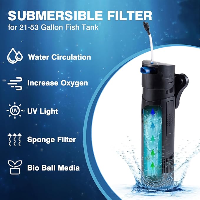 UV Aquarium Filter Uv Sterilizer For 21-53 Gallon Fish Tank 185GPH, 20 Watt Submersible Internal Pump Uv Sterilizer For Salt Water Aquarium 4.9FT Cord | Marine Aqua,Turtle Tank Green Killing Machine
