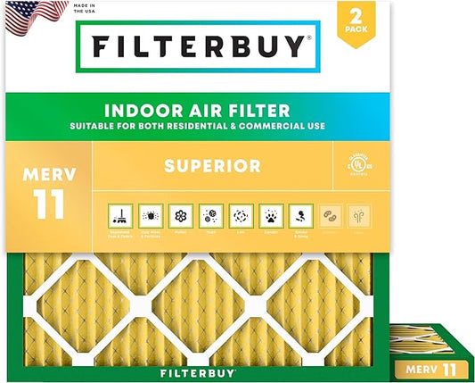 Filterbuy 25x25x1 Air Filter MERV 11 (MPR 1200) Allergen Defense Replacement (2-Pack), Electrostatic Pleated HVAC AC Furnace Filters, Made in USA (Actual Size: 24.50 x 24.50 x 0.75)