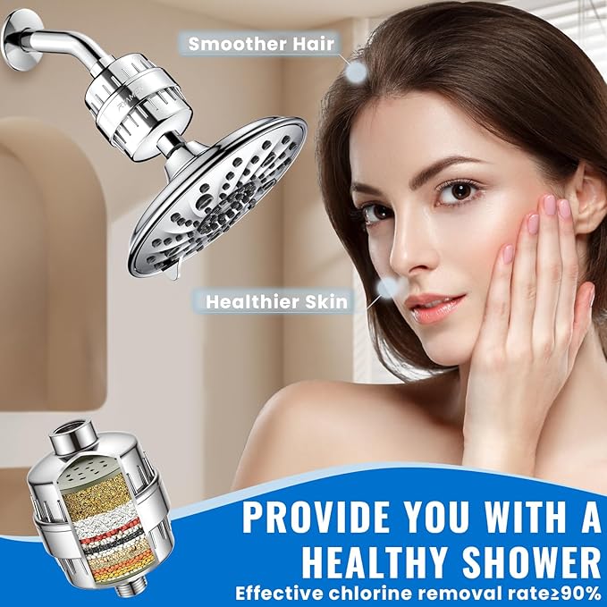 Heavy Duty Shower Filter, Shower Water Filter, 99% REMOVAL Shower Head Filter for Hard Water, Heavy Metals, Chlorine, Enhanced Water Filtration for Healthier Skin and Hair (Silver)