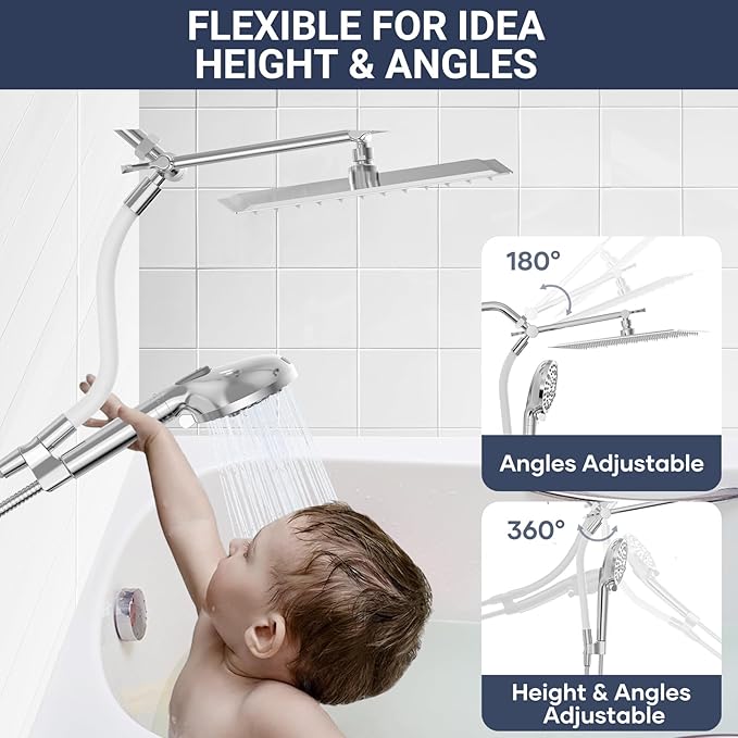 All Metal 3-Way Rain Shower Head,10 Spray High Pressure Showerhead Combo,Shower Filter Head For Hard Water, Adjustable Bar Upgrade Dual Shower Head-Reduces Dry Itchy Skin Chrome