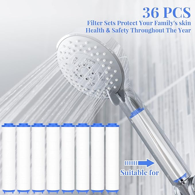Macarrie 36 Pcs Shower Head Filters 3.7 Inch PP Cotton Filter Cartridge Filter High Pressure Handheld Turbo Fan Shower Heads Filter for Detachable Propeller Jet Sets