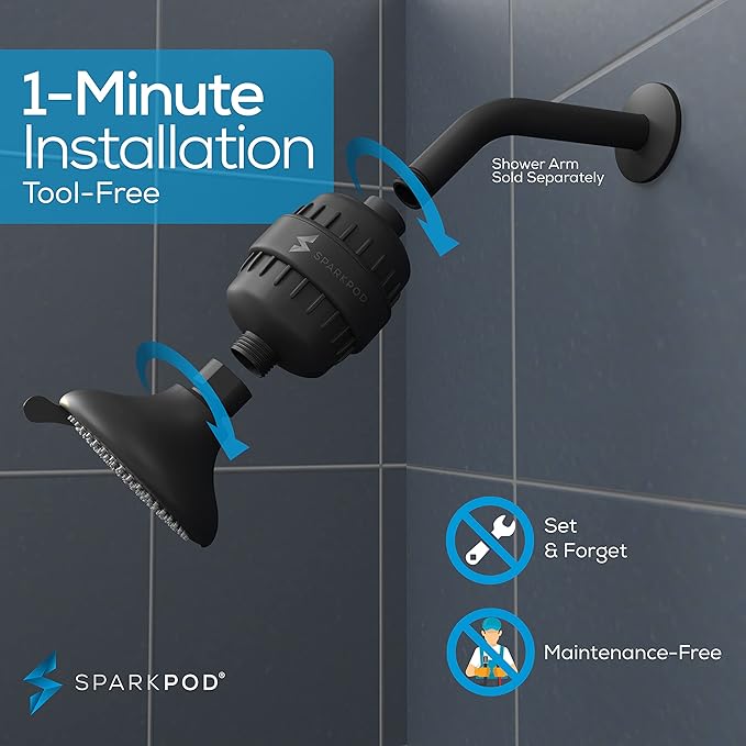 SparkPod 23-Stage Filtered Shower Head with 3 Spray Settings - High Pressure Shower Head with Filters for Dry Hair and Skin - Showerhead with Filter Reduces Chlorine & Heavy Metals (Black Matte)