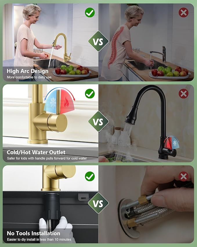 Gold Kitchen Faucet, Brass Kitchen Faucet with Pull Down Sprayer, Single Hole Stainless Steel Brushed Gold Faucet for 3 Hole Kitchen Sink Gooseneck for Commercial Modern Camper RV Farmhouse Bar Sink