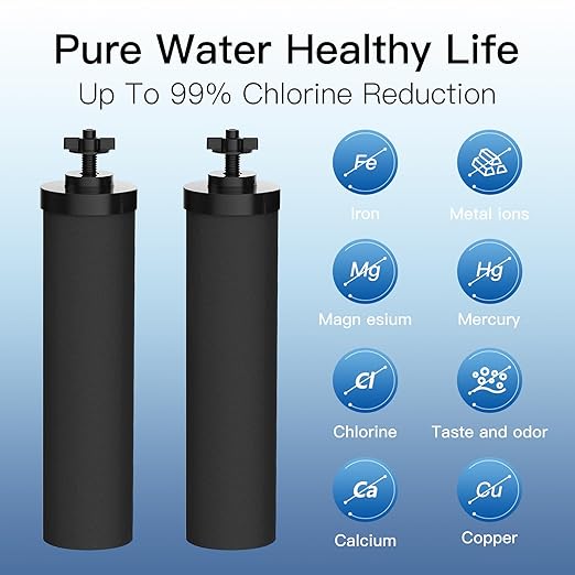 1.5G Stainless Steel Gravity-Fed Water Filter System with 2 Black Purification Filter and Metal Spigot, NSF/ANSI 42 Certification, Reduces up to 99% of Chlorine, for Home, Camping, Outdoor