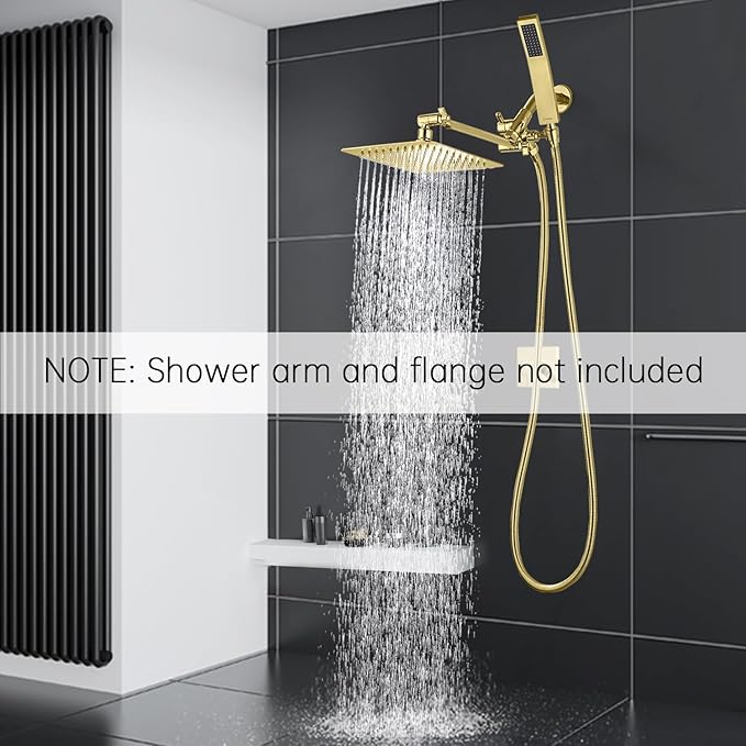 G-Promise All Metal 10" Dual Square Shower Head Combo | Rain Shower Head | Handheld Shower Wand | Adjustable | 3-Way Diverter | 71" Extra Long Hose - A Bathroom Upgrade (Polished Brass)