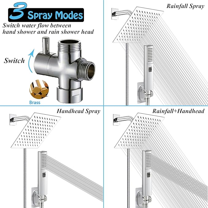 Dual Shower Heads with Handheld Spray Combo, 6" High Pressure Square Rain Shower Head with Hose 78" Stainless Steel & 3-Way Diverter, Anti-Clog Nozzles, Ultra Thin Water Saving, Chrome, AWAXFOLO
