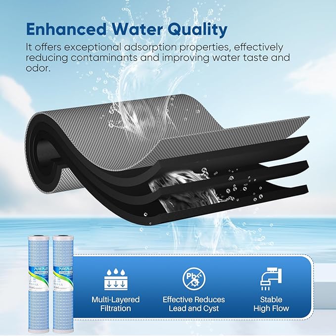 PUREPLUS 5 Micron 20" x 4.5" Whole House Activated Carbon Water Filter, Enhanced Lead Removal Carbon Replacement Cartridge, Compatible with FC25B, EPM-20BB, CB-BB-20, 155783-43, CTO20BB-CQB, 2 PACK