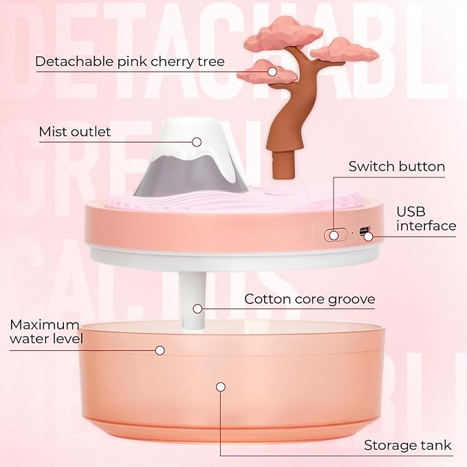 Cute Mini Humidifier, 320ml Pink Cherry Tree Desktop Humidifiers for Bedroom, Portable Small Cool Mist Humidification for Home, Baby Nursery, Office & Indoor Plants, USB Powered