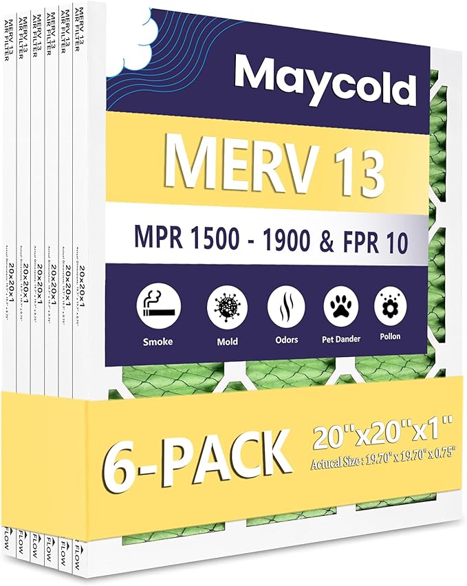 Maycold 20x20x1 Pleated Air Filter MERV 13 (6-Pack) | Superior High-Efficiency Replacement Filters for AC & Furnace Units | Actual Size: 19.70" x 19.70" x 0.75"