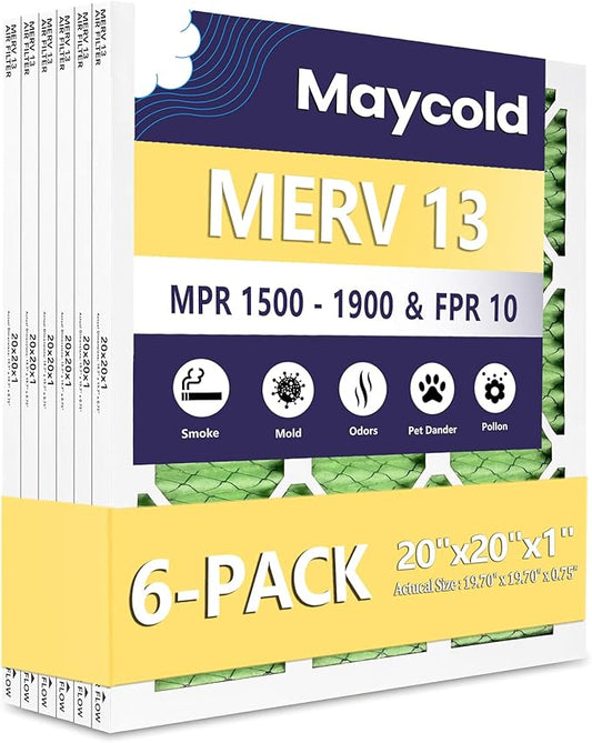 Maycold 20x20x1 Pleated Air Filter MERV 13 (6-Pack) | Superior High-Efficiency Replacement Filters for AC & Furnace Units | Actual Size: 19.70" x 19.70" x 0.75"