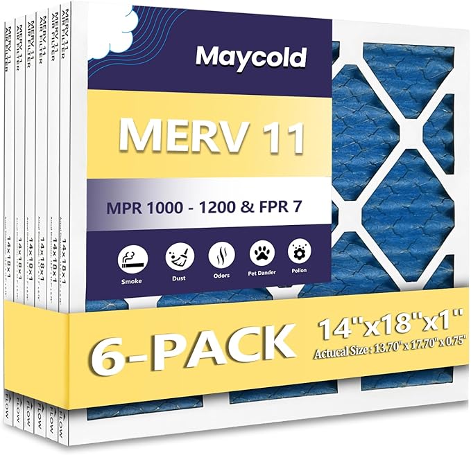 Maycold 14x18x1 MERV 11 Furnace Air Filter (6-Pack), High-Performance HVAC AC Filters for Home Use, Actual Size: 13.70" x 17.70" x 0.75", Individually Wrapped in Plastic