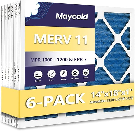 Maycold 14x18x1 MERV 11 Furnace Air Filter (6-Pack), High-Performance HVAC AC Filters for Home Use, Actual Size: 13.70" x 17.70" x 0.75", Individually Wrapped in Plastic