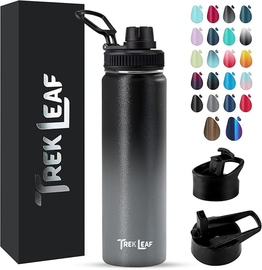 Travel Water Bottle with 3 Lids (Spout, Straw, Flip) Leak Proof, Quality, Vacuum Insulated, Stainless Steel (Charcoal Fog, 22 oz)