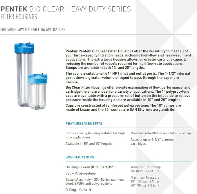Pentair Pentek 166201 Big Clear Filter Housing, 1" NPT #20 Whole House Heavy Duty Water Filter Housing with Pressure Relief Button, 20-Inch, Blue/Clear