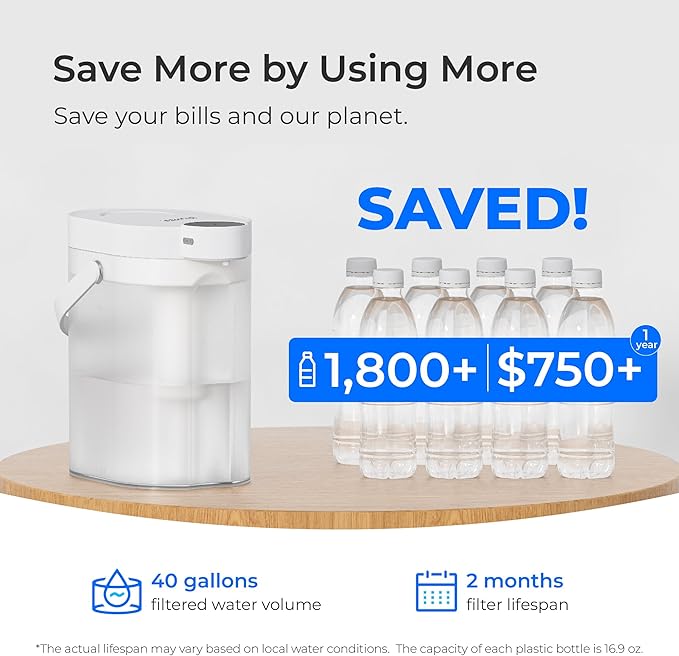 Waterdrop FreshTaste Instant Water Filter Pitcher with 2 Filters, Rechargeable Powerful Dispenser, Reduce Chlorine, Lead, Copper, Purify, Soften Water, 17-Cup, White, Does not Lower TDS