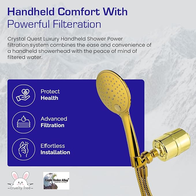 Crystal Quest Luxury Handheld Shower Power Filtration System - Gold - BPA Free | 1.25-2.5 GPM | Reversible Cartridge | Great for Dechlorination