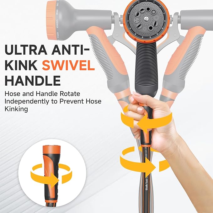 Giraffe Tools Garden Hose 100ft x 5/8", Water Hose Heavy Duty with 10-Pattern Nozzle, Ground Sprinkle, Flexible, Lightweight Hybrid Hose with Swivel Handle, Male to Female Fittings, Burst 600 PSI