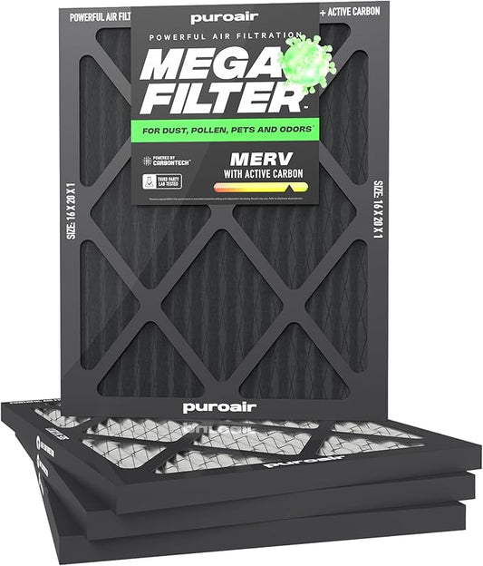 PuroAir Mega Filter - MERV 13 16x20x1 Air Filters For Home With Activated Carbon - Filters Allergens, Pet Dander, Smoke, Dust - Furnace and AC Filters - Air Filters 16x20x1 MERV 13 (4 Pack)