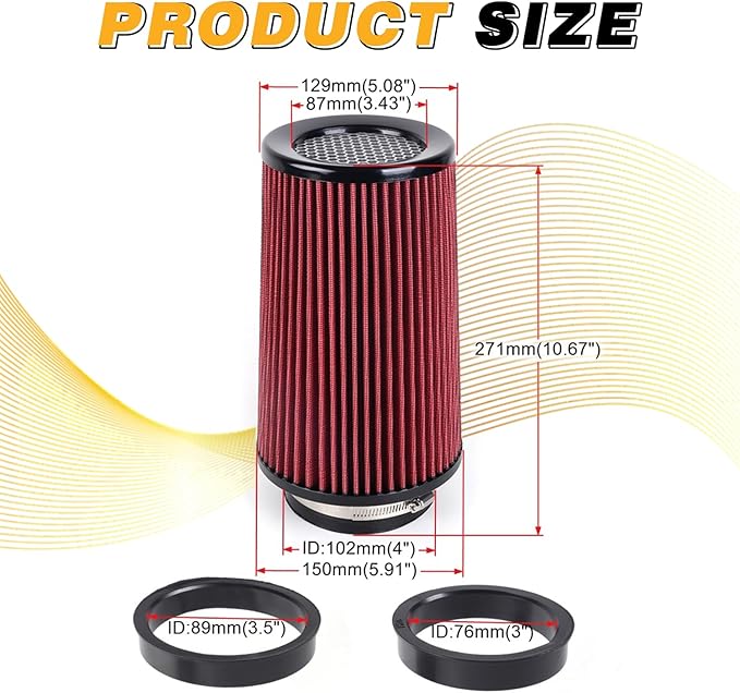 4-Inch Cold Air Intake Filter - Washable, High Performance, 3" or 3-1/2" or 4" Clamp-On Filter Height: 9 In Replacement Cone Air Filter Universal 3 Sizes in 1 (Red)