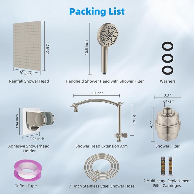 Hibbent All Metal 12'' Filtered Rainfall Shower Head Combo, High Pressure Handheld Shower Head with 16'' Adjustable Extension Arm, 20 Stage Shower Filter, 10-spray, 71'' Shower Hose, Brushed Nickel
