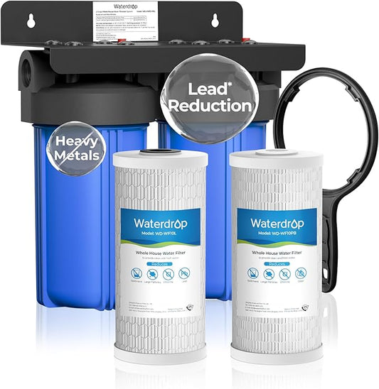 Waterdrop 2 Stage Whole House Water Filter System, with Carbon and Sediment Filter, Highly Reduce Lead, Chlorine, Heavy Metals, PFA, Taste, 5-Stage Filtration, WD-WHF21-PBL, 1" Inlet/Outlet
