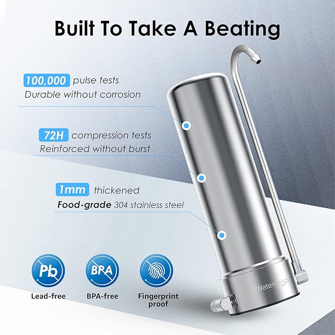 Waterdrop Water Filter for Sink Faucet, NSF/ANSI 42 Certified Countertop Water Filter System, 5-Stage Stainless Steel Faucet, 8000 Gallons, Reduces Heavy Metals and 99% Chlorine, WD-CTF-01(1 Filter)