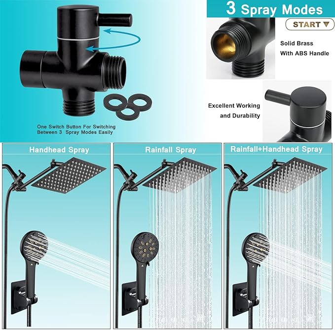 Shower Head, 10" High Pressure Black Rainfall Shower Head with Handheld Spray Combo, 6 Settings Handheld with 78" Anti-leak Hose, 11" Adjustable Extension Arm, Ultra Thin Water Saving, AWAXFOLO
