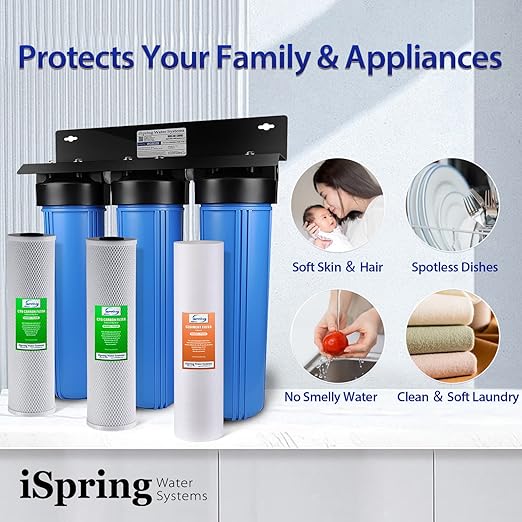iSpring Whole House Water Filter System, Highly Reduces Sediment, Taste, Odor, and up to 99% Chlorine, 3-Stage w/ 20-Inch Sediment and Carbon Block Filters, Model: WGB32B, 1" Inlet/Outlet