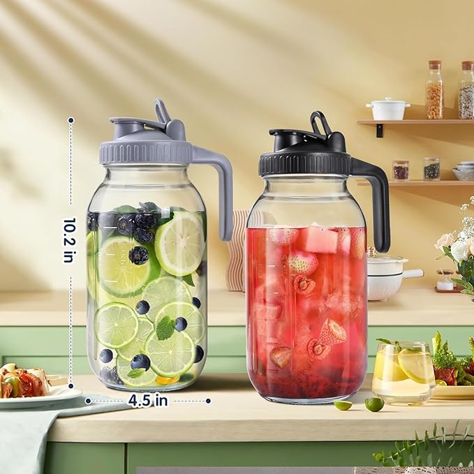 Glass Pitchers with Lid, Set of 2, Wide Mouth Water Jugs 64OZ Leak-Proof Airtight Mason Jars for Cold Brew Coffee, Iced tea, Milk, Food Storage, Sun Tea Jar., Black
