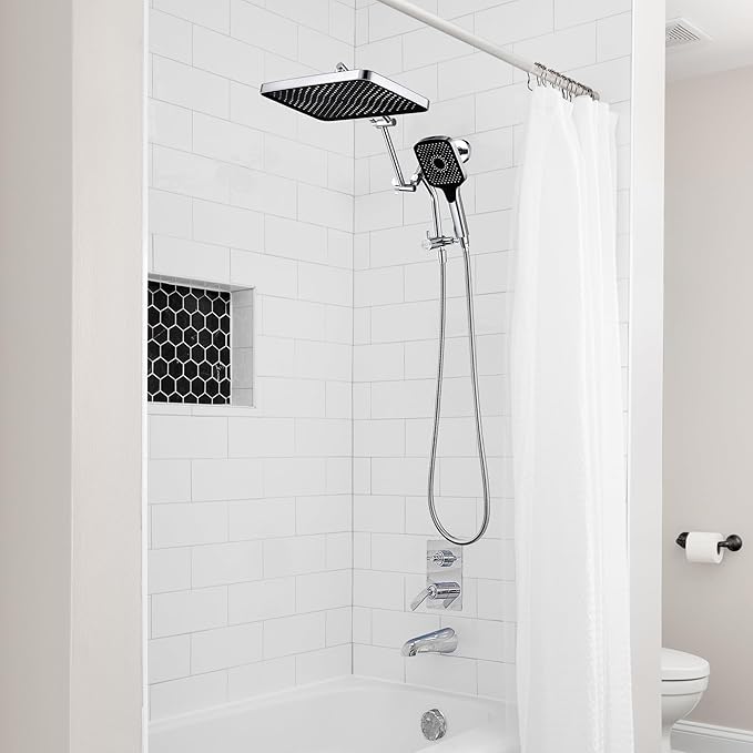 13-Inch Shower Heads with Multi-Function Handheld Sprayer Combo, 3-Way Metal Extended Diverter with Holder and Metal Adjustable Shower Extension Arm, Extra Long Hose(Chrome)