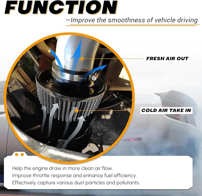 PTNHZ Universal Carbon Fiber 3" 76mm High Flow Cold Air Intake Cone Air Filter Power Intake Air Inlet System Air Cleaner