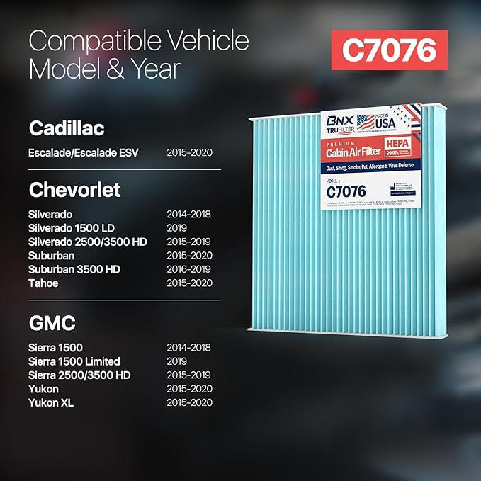 BNX TruFilter C7076 Cabin Air Filter, HEPA 99.97%, MADE IN USA, Compatible With Cadillac: Escalade; Chevrolet: Silverado, Suburban, Tahoe; GMC: Sierra, Yukon, Yukon XL