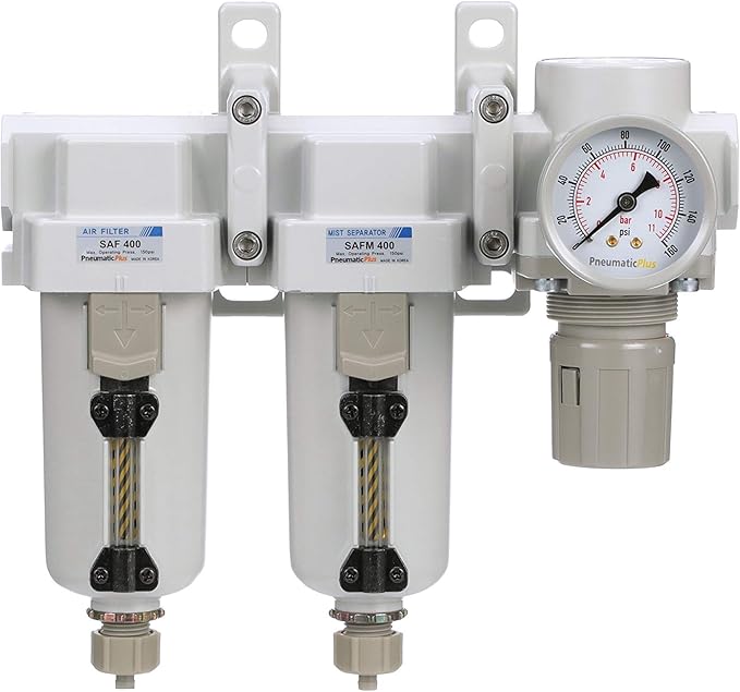 PneumaticPlus SAU430-N04G-MEP 3 Stage Compressed Air Filter Dryer System - Particulate Air Filter, Coalescing Air Filter, Compressed Air Pressure Regulator Combo, 1/2" NPT - Metal Bowl, Manual Drain