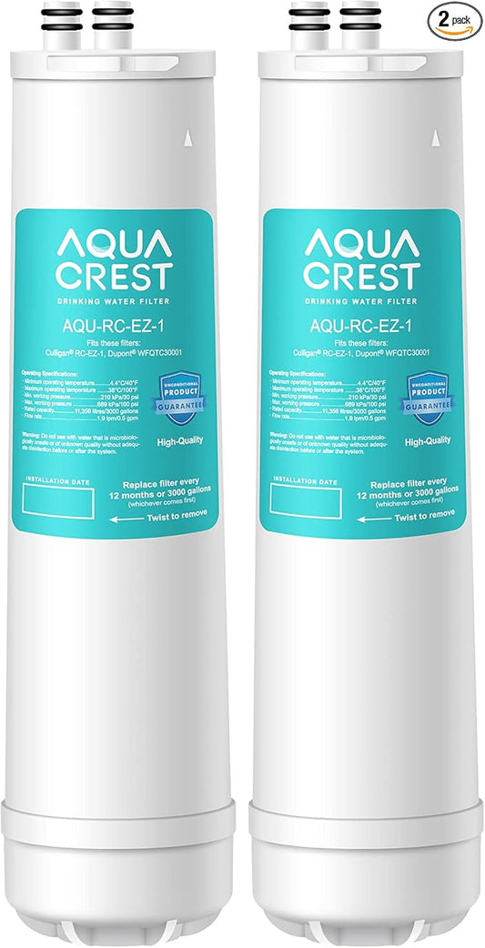 AQUA CREST RC 1 EZ-Change Basic Water Filtration Replacement, Replacement for Culligan® IC-EZ-1, US-EZ-1, RV-EZ-1, Brita® USF-201, USF-202, DuPont® WFQTC30001, WFQTC70001, 3K Gallons (Pack of 2)