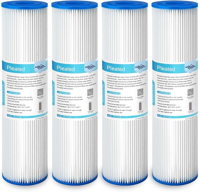 Membrane Solutions 50 Micron Pleated Polyester Sediment Water Filter 10"x2.5" Replacement Cartridge Universal Whole House Pre-Filter Compatible with W50PE, WFPFC3002, SPC-25-1050, FM-50-975 - 4 Pack