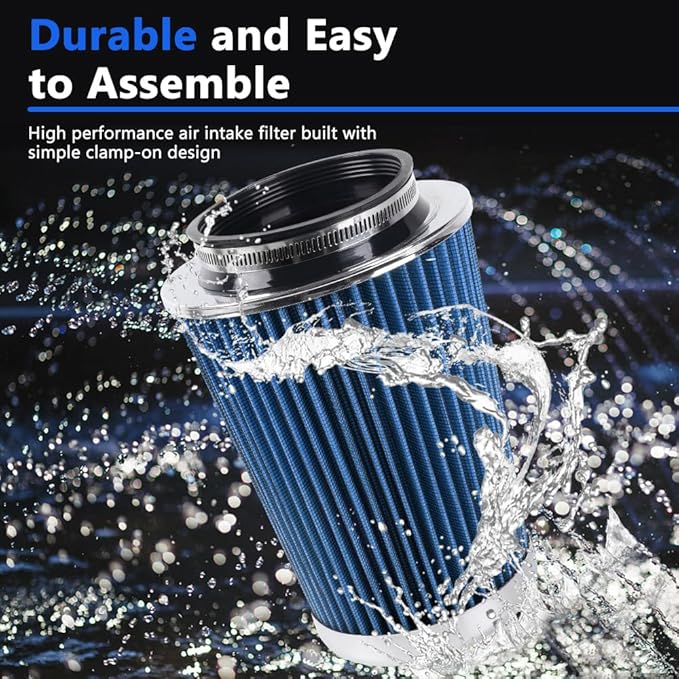 4-Inch Cold Air Intake Filter - Washable, High Performance, 3" or 3-1/2" or 4" Clamp-On Replacement Air Filter Blue (8" Tall)