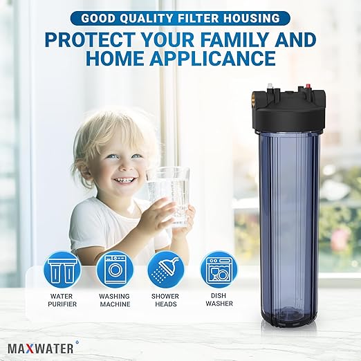 Max Water Whole House 20" x4.5" Purple Clear WH Water Filter Housing 1 inch Inlet/Outlet Ports with Wrench and Bracket (1 Housing)