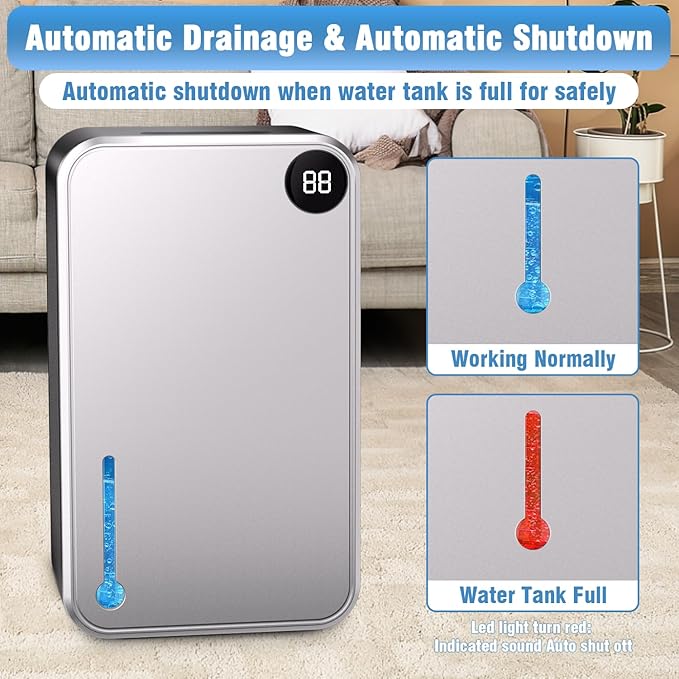 Dehumidifier,25 oz Water Tank Dehumidifer for Home,(280 sq. ft) Quiet with Timer, Automatic Shut-off function and Drain House,Dehumidifiers for Bathroom, Bedroom, Basement, 7-color LED light,Grey