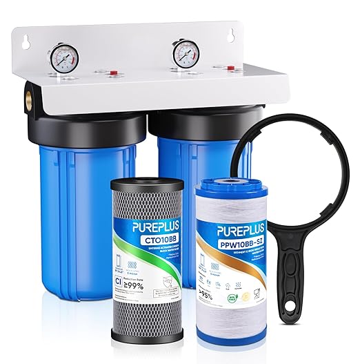 PUREPLUS 2-Stage Whole House Water Filtration System, 10" Universal Home Filtration, with Sediment &Iron Reduce, Carbon Filter, Reduce Iron, Chlorine, Taste, Includes Pressure Gauges, 1" Inlet/Outlet