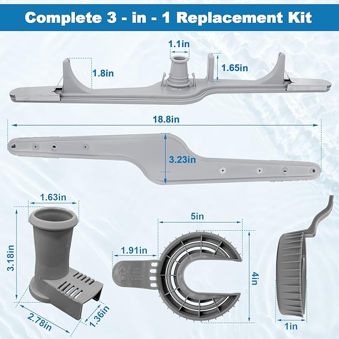 154568002 Dishwasher Lower Spray Arm Assembly with 5304518968 Support & 5304506518 Trap Drain Filter Replacement for Frigidaire Electrolux Kenmore Dishwasher 1545680 5304517203 154568001 154414101