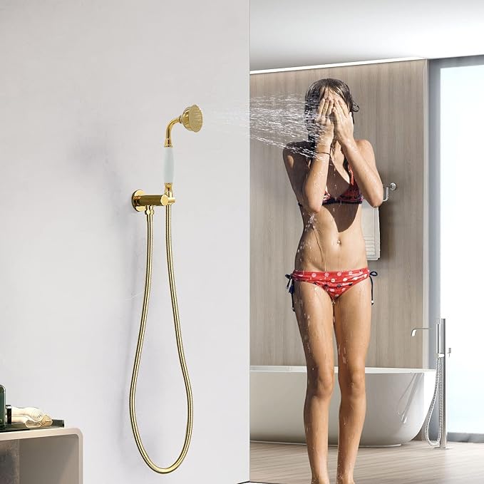 HOMEDEC Traditional Telephone Style Brass Handheld Showerhead with 59inch Hose Gold Finish - Antique Shower Head Replacement No Wand Holder, Vintage Hand Shower Spray with Ceramic Handle