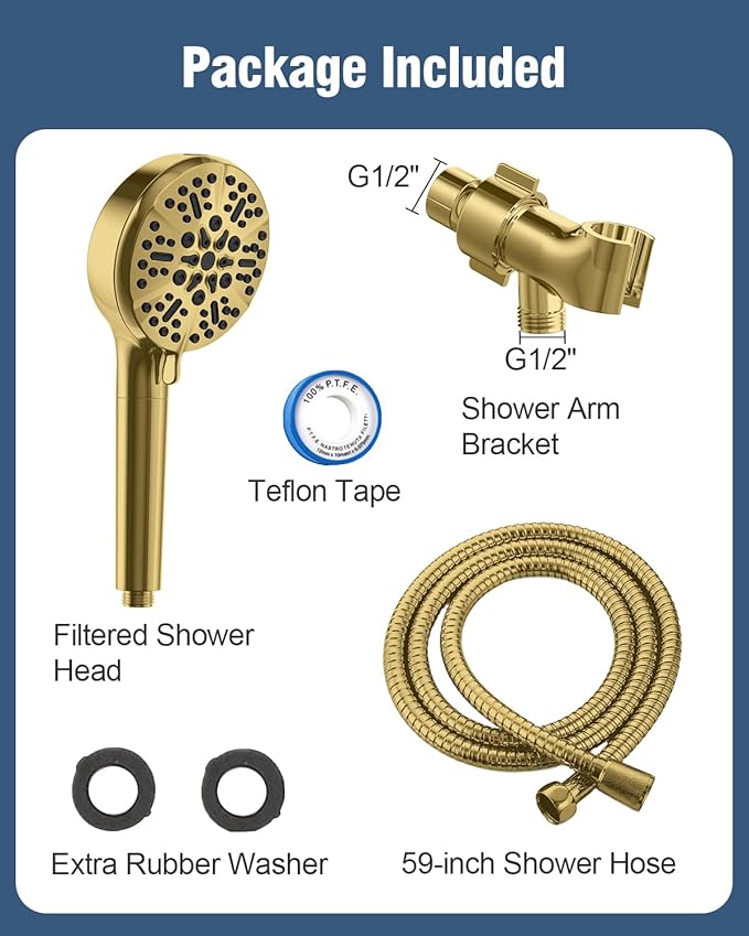 Filtered Shower Head with Handheld Gold, BOWGER 6 Modes High Pressure Shower Heads with Power Wash Mode and Hard Water Filter, Detachable Hand Held Showerhead Set with Extra Long Hose, Golden