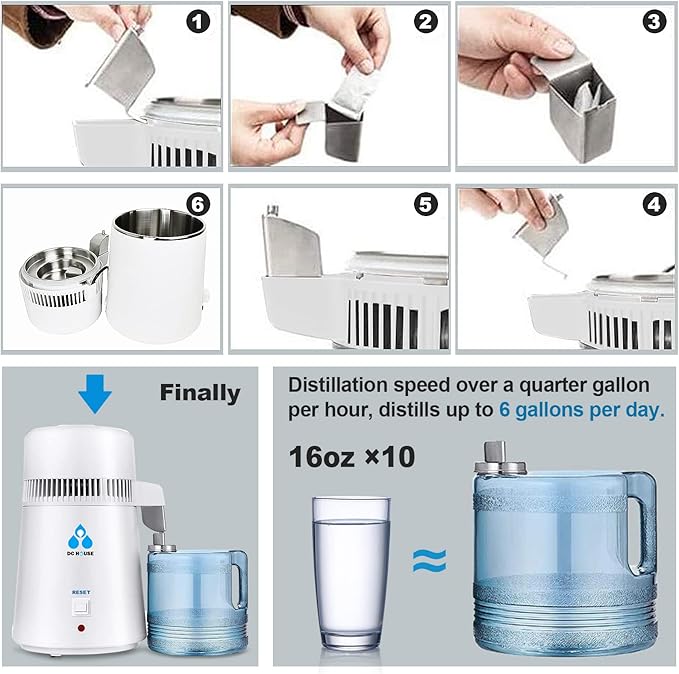 DC HOUSE 1 Gallon Water Distiller Machine, 750W 4L Pure Distilled Water Maker Machine for Home Countertop Table Desktop, Drinking Purifier for Home Kitchen CPAP Hmidifiers with Pastic Container