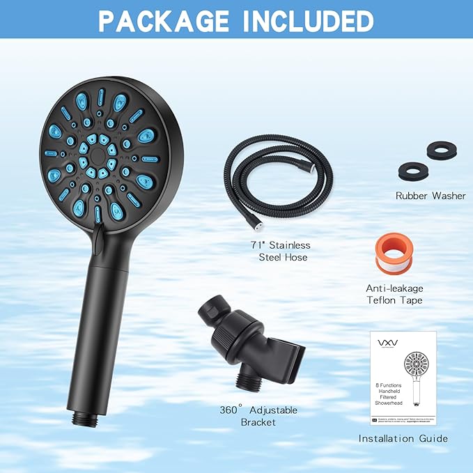 VXV Filtered Shower Head, 8 Modes High Pressure Shower Head with Handheld, 5" Showerhead Built in Power Wash for Clean, Remove Chlorine & Hard Water, with 71" Shower Hose & Shower Bracket(Matte Black)