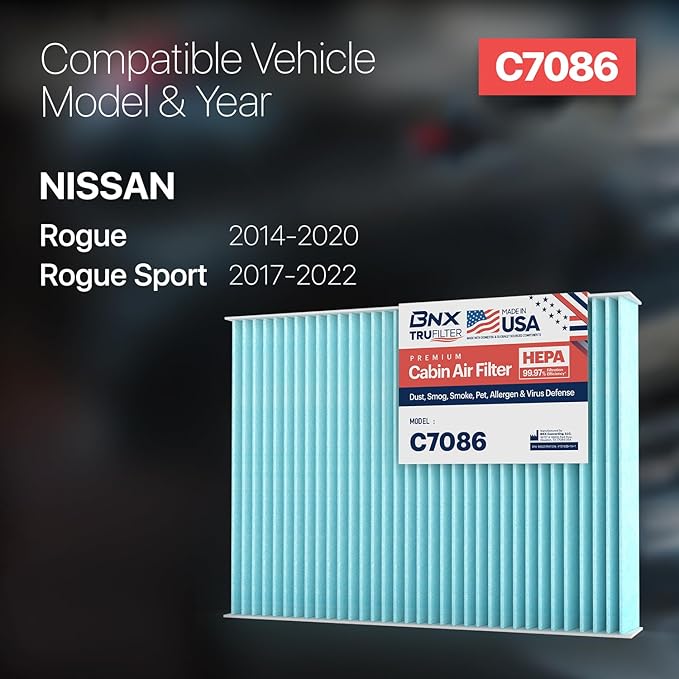 BNX TruFilter C7086 Cabin Air Filter, HEPA 99.97%, MADE IN USA, Compatible With Select Nissan Rogue, Rogue Sport