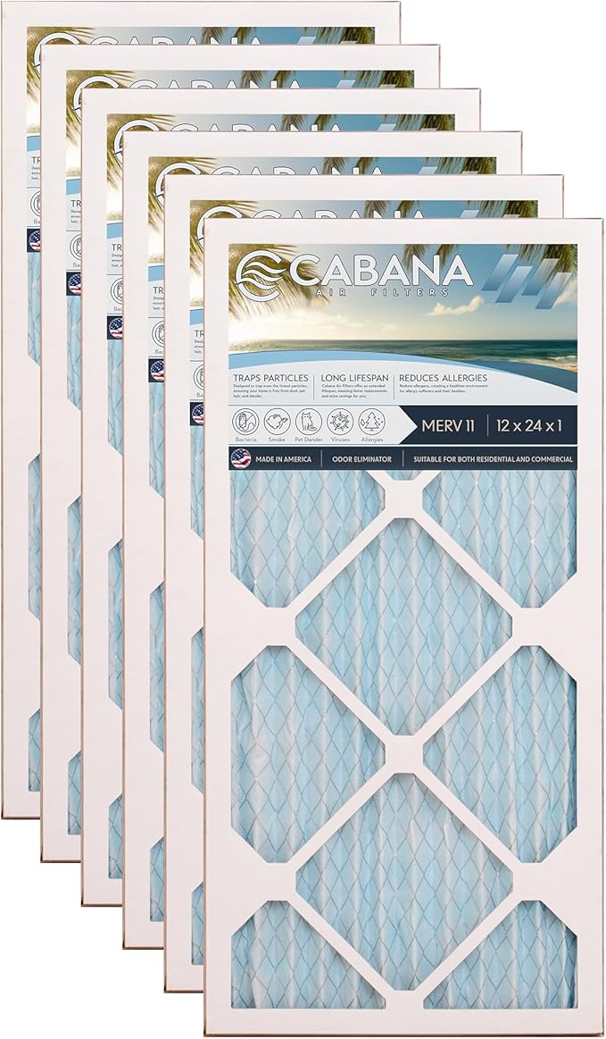 Cabana Filters 12x24x1 AC Furnace Air Filter, Merv 11 Capture Unwanted Particles, Pleated Furnace Filter HVAC AC Filters - Made in the USA - 6 Pack